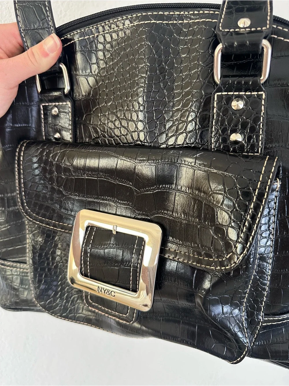 New York & Company Black Faux Leather Croc-Embossed Tote with Silver Buckle